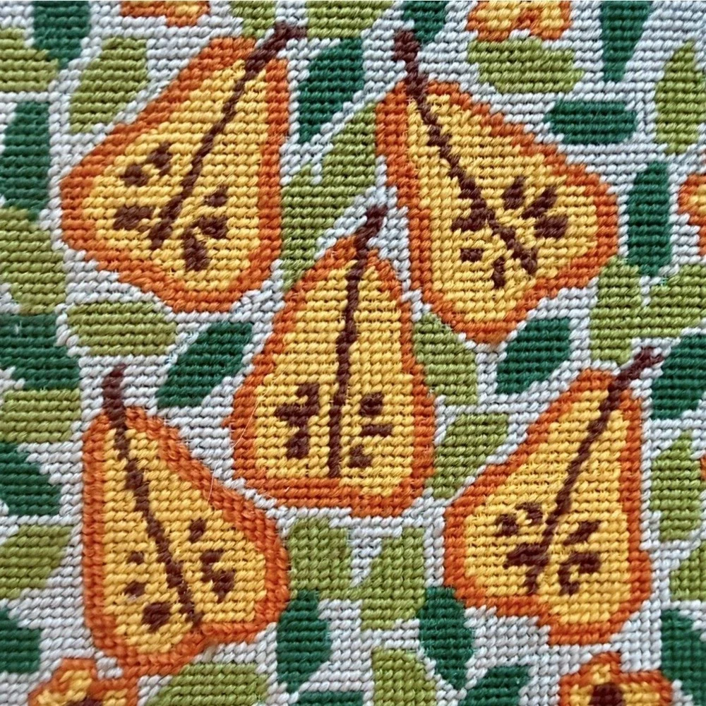VTG 70s Needlepoint Embroidery Pear Tree Wood Frame Cottage Boho Country 18x17